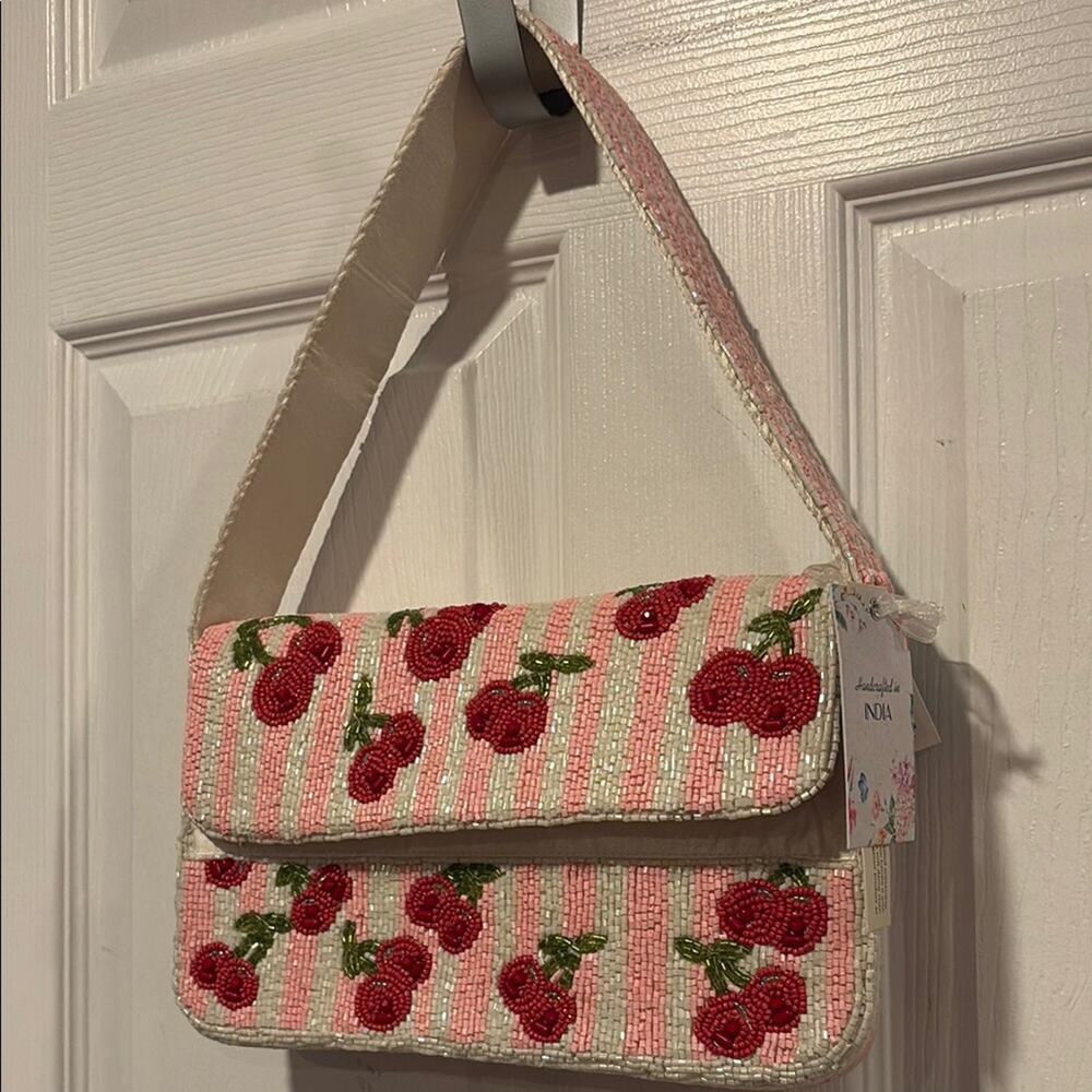 BNWT VIRAL Made in India Cherry Beaded Pink and White Women's Bag